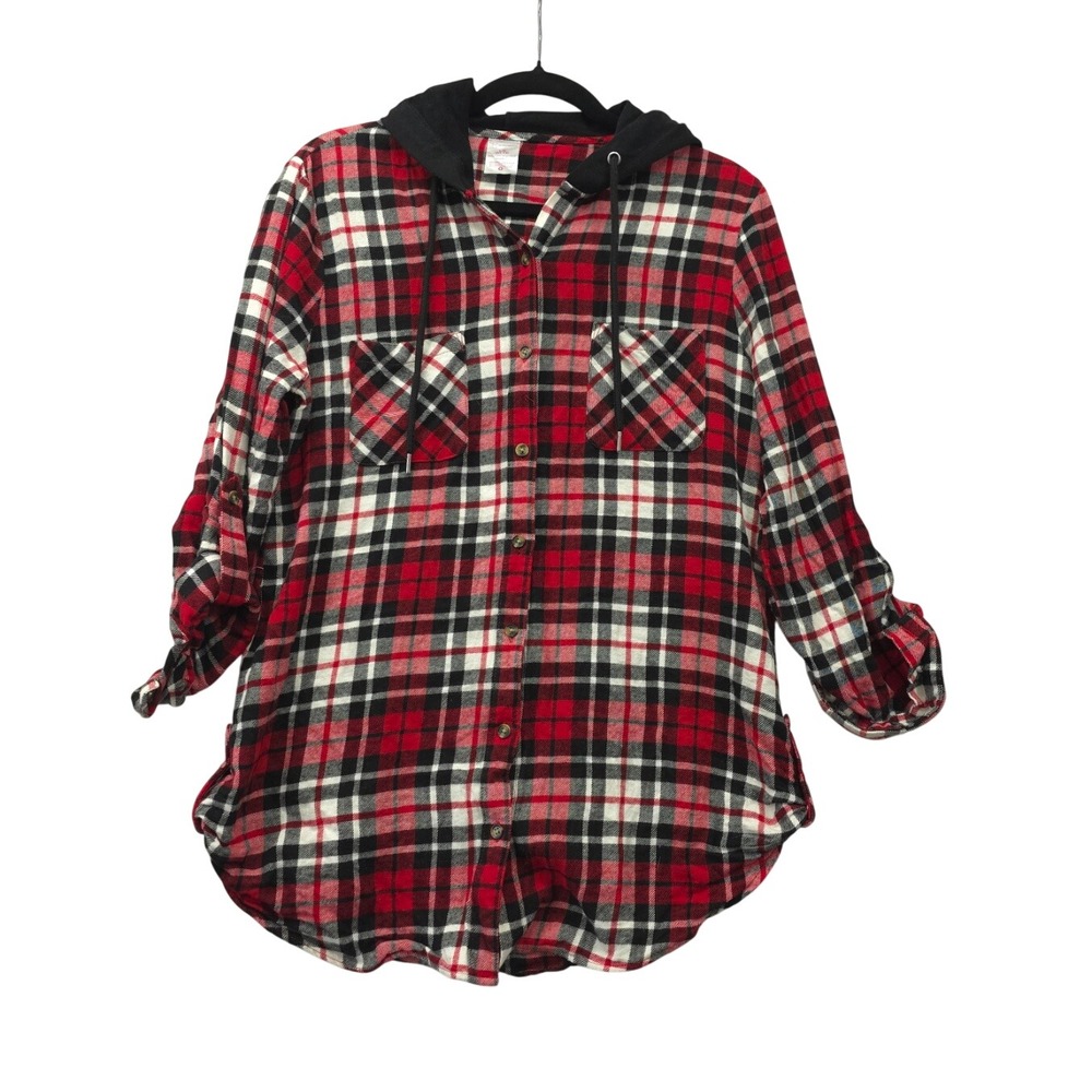No Boundaries Red Black Plaid Hooded Flannel Shirt Womens Large 11-13